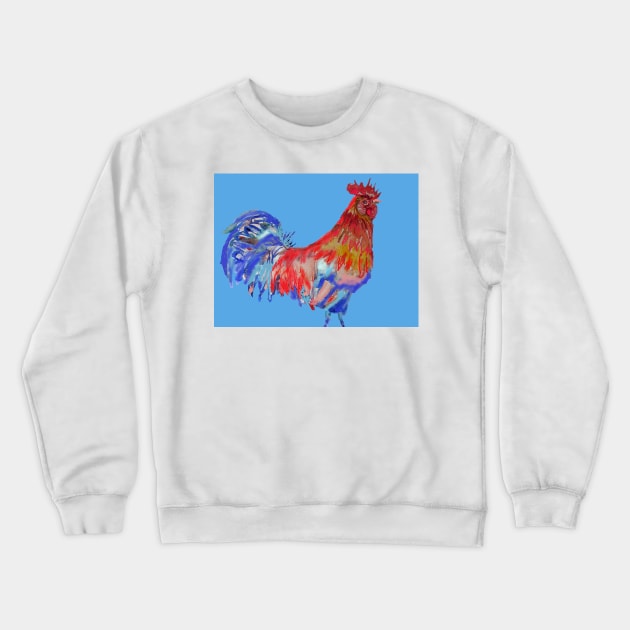 Rooster Watercolor Painting Blue Crewneck Sweatshirt by SarahRajkotwala